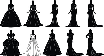 Collection of black silhouettes featuring magical unicorns, shooting stars, rainbows, rain clouds, moon, sun, isolated on white background, vector. © Safiqul