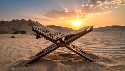 Quran on a Rehal in the Desert at Sunset.
