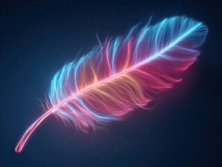 neon feather isolated on a blue background