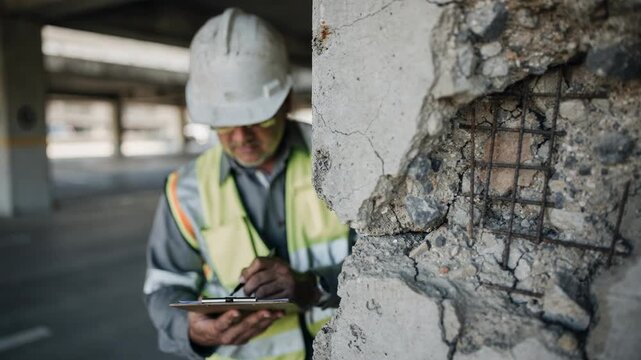 Closeup medium view of an engineer examining spalling on a parking garage slab clipboard visible with daylight softly illuminating the focused cracks.