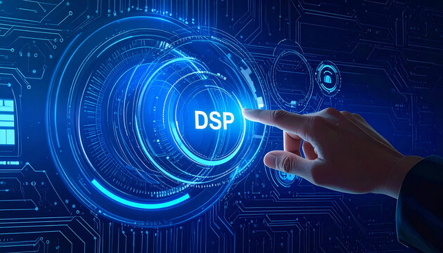 Hand interacts with digital DSP interface on futuristic circuit board background  (7)