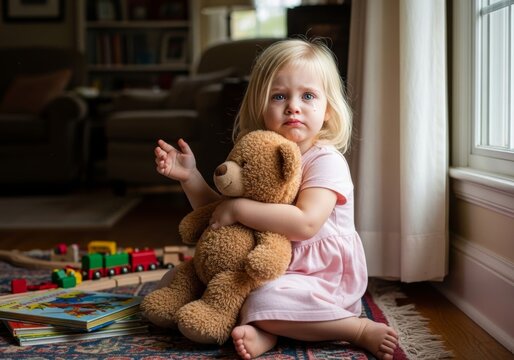 Emotional portrait of a toddler with tears on her face holding a toy, representing childhood fears or separation anxiety.