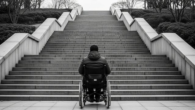 Person in a wheelchair facing a long flight of stairs outdoors, symbolizing accessibility barriers and challenges.