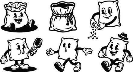 Fototapeta premium Vintage rubber hose style playful sack characters engaging in actions smiling walking sprinkling seeds holding scoop set retro black white