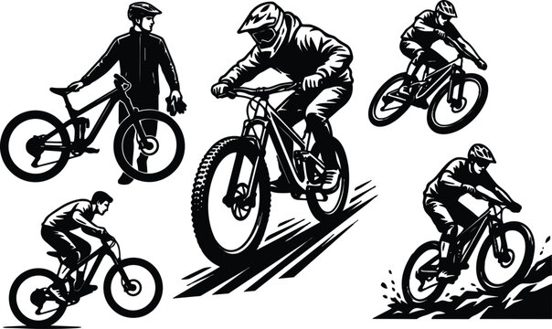 Tattoo flash dynamic mountain bike riders performing jumps and berm turns close up action with helmets low angle bold motion