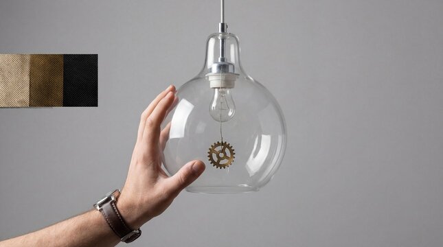 A persons hand holds a clear glass pendant light fixture containing a bulb and a brass gear with fabric swatches in beige brown and black in the corner