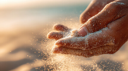 Fototapeta premium Close up of a hand with sand falling through fingers on a sunny beach for summer vacation concepts