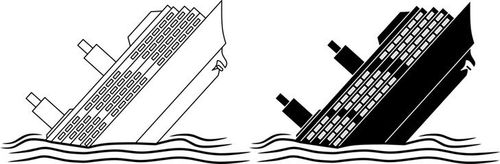 Fototapeta premium vector illustration of sinking boat ship tilted in ocean waves, line art and silhouette, disaster concept, maritime accident icon isolated.icon set.