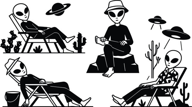 Flat design four alien characters relaxing on deckchairs in desert with hats ufos above low angle view cactus monochrome casual