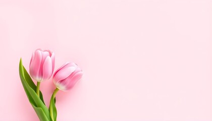 Obraz premium Two pink tulips with green leaves on a pink background viewed from above