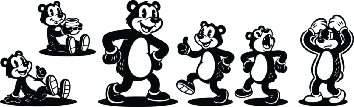 Rubber hose style vintage cartoon bear character set showing playful thumbs up walking yawning eating jar sitting reclining worried pose