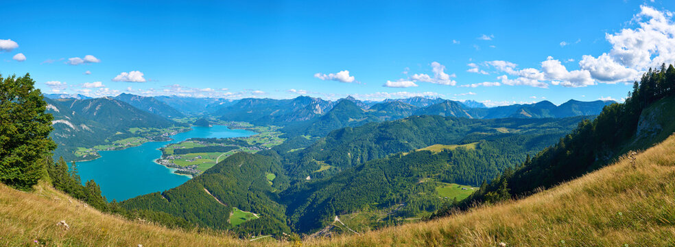 Breathtaking panorama of Lake Wolfgang facing Strobl, taken from the summit of Mount Zw&ouml;lferhorn in the Salzkammergut region, Austria.