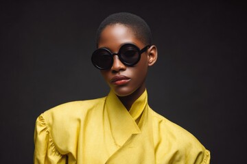 Fototapeta premium Fashionable african female young adult in yellow with black sunglasses