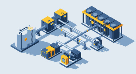 Obraz premium Industrial complex with pumps and cooling towers isometric view.