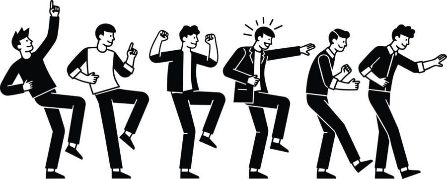 Minimalist vector art sequence of six men dancing in step side view celebrating pointing and stepping in playful rhythm cheerful