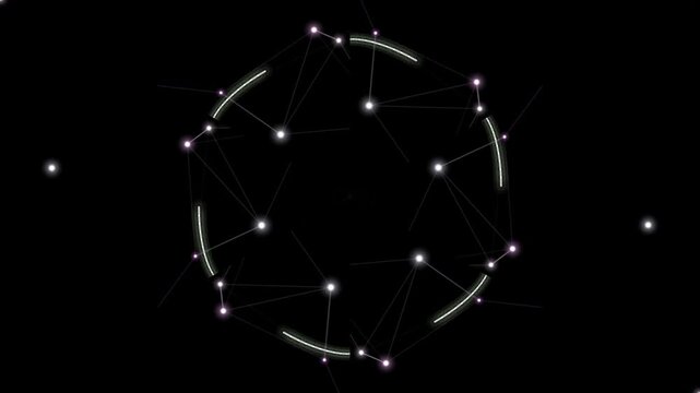 Network of connected dots forming a circular pattern in a dark environment viewed from directly above