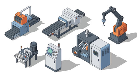 Obraz premium Industrial machinery and robotic arm set isometric view.