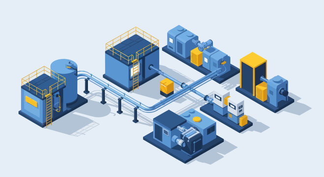 Industrial machinery and equipment complex with pipes and tanks.
