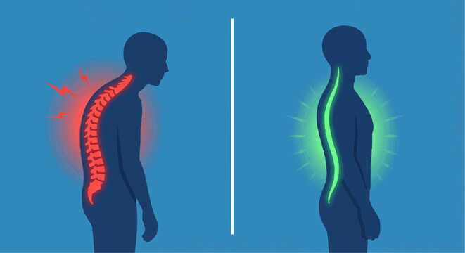Ergonomic posture comparison vector illustration showing slouched red spine versus straight green spine.