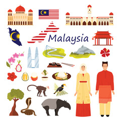Travel to Malaysia infographic set for tourism. Culture elements and people of Malaysia, Dataran Merdeka buildings, Nasi Lemak rice and satay, Asean Economic Community cartoon vector illustration © Flash Vector