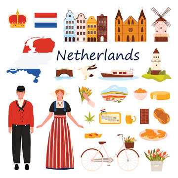 Travel to Netherlands set. Dutch people in traditional dress, flag and map of country, Holland culture elements and history landmarks of Amsterdam city, tulips and cheese cartoon vector illustration