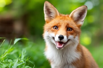 Obraz premium Playful Fox Smiling in Lush Grassland During Bright Sunny Day