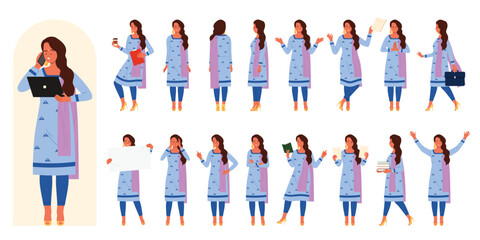 Obraz premium Poses and gestures of modern Indian woman set. Young businesswoman wearing Salwar Kameez, front back side view of standing lady with long hair holding document and book cartoon vector illustration