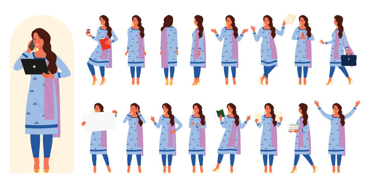 Poses and gestures of modern Indian woman set. Young businesswoman wearing Salwar Kameez, front back side view of standing lady with long hair holding document and book cartoon vector illustration