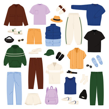 Casual men fashion clothes set. Comfort outfit of young man collection with jeans and pants, sport shoes and footwear, backpack and shirt with stripe in male wardrobe cartoon vector illustration