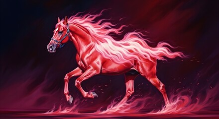 Obraz premium A dynamic digital painting showcases a muscular red horse with a cascading pink mane and tail