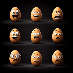 Obraz premium Collection of funny egg characters with diverse facial expressions isolated on black background. Creative set of emoticons depicting joy, fear, sadness, and surprise for design