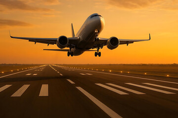 Fototapeta premium A dynamic scene captures a large commercial jet taking off from a wide airport