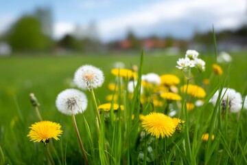 Fototapeta premium Vibrant Wildflower Meadow in Spring in Sweden Under a Clear Blue Sky