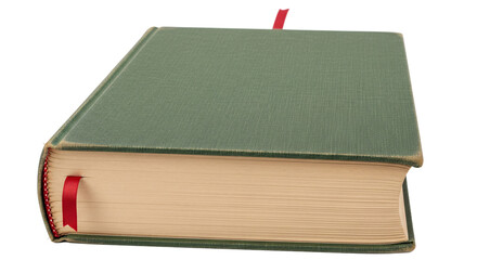 Hardcover book with green cloth cover and red ribbon bookmarks, object isolated on transparent background, classic literature, library, reading, education and knowledge symbol