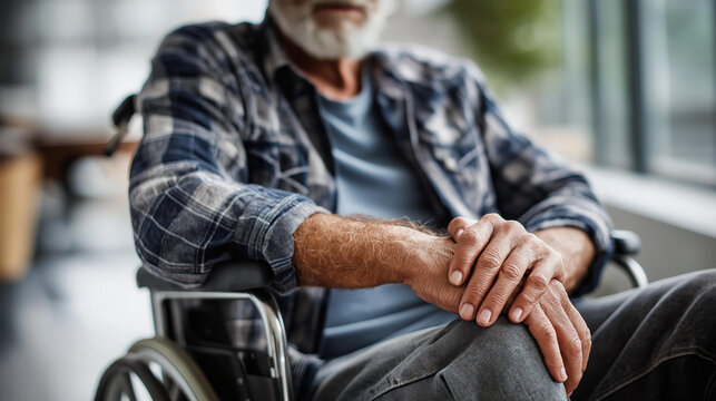 Faceless elderly person seated in a wheelchair indoors, casual clothing, hands resting on lap, defocused background, senior disability lifestyle, wheelchair user concept, aging