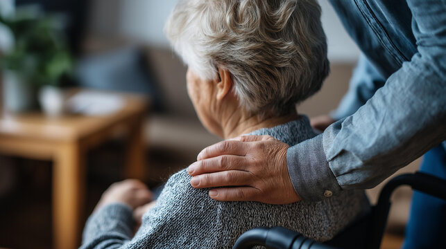 Faceless caregiver providing personal care assistance to a senior resident in a nursing home, professional assisted living, long-term healthcare, elderly support, compassionate