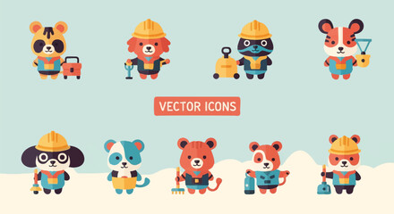 Fototapeta premium Cute Animal Worker Vector Icons Collection: Adorable Cartoon Characters in Construction & Maintenance Roles with Tools and Hard Hats
