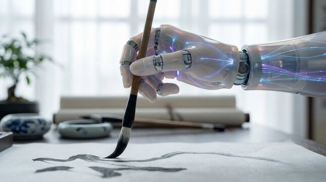 Futuristic robotic hand practicing traditional calligraphy with an ink brush on paper, symbolizing AI in art and culture.