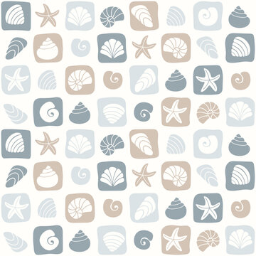 Minimalist shell square tile art. Muted ocean icon pattern. Scandinavian beach background. Summer themed wallpaper vector. starfish, seashell silhouettes grid seamless texture