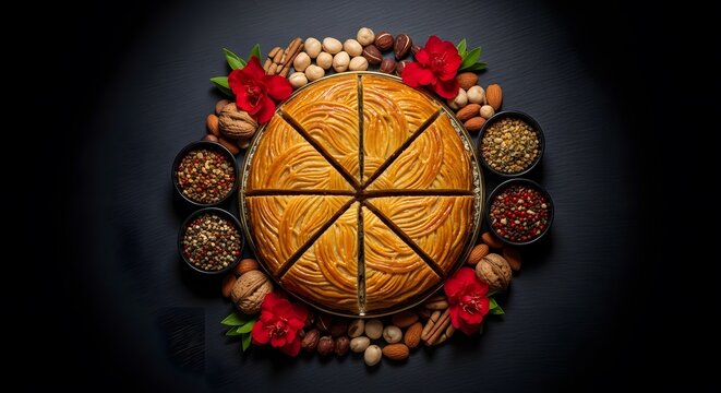 Azerbaijani Pahklava dessert on a vintage decorative tray. Accompanied by fresh apple slices, whole almonds, and star anise.