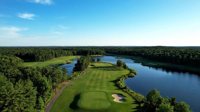 Aerial view of a well-maintained golf course with a large lake and lush green vegetation. The sky is bright blue and the natural scenery looks healthy