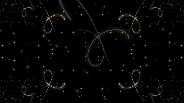 Elegant swirling patterns and sparkling dots on a dark background, viewed from directly above, creating a mesmerizing illustration