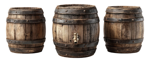 Fototapeta premium Collection of Vintage Wooden Barrels with Metal Bands and Spigot