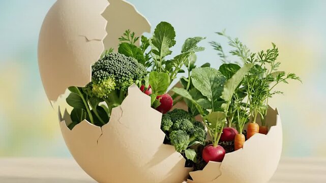 Surreal visual of a large white eggshell cracking open to reveal a lush miniature vegetable garden inside representing the origin and birth of food independence.