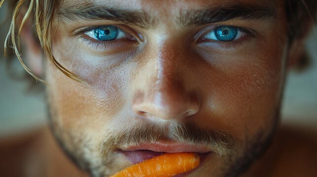 A man with a carrot in his mouth. The man has a beard and blue eyes. The carrot is orange