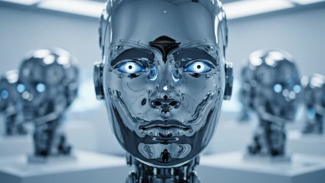 A detailed headshot featuring a metallic robot face, set in a futuristic, techy scene. Focus is sharp on face