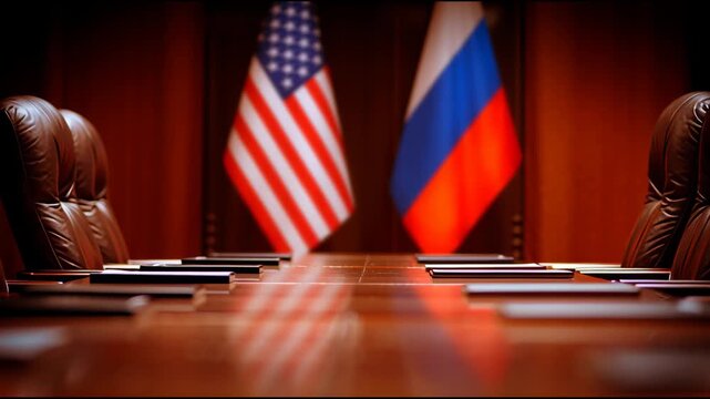 Global Leaders Gather for Important Discussions at Conference Table With USA and USSR Flags in Focus During Crucial Historical Moment