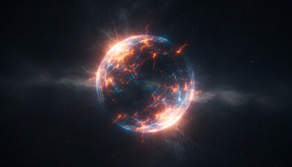 Obraz premium A luminous blue earth and distant planet glow against the dark cosmos of a star-filled galaxy where solar light from the sun illuminates the vast atmosphere of the night universe