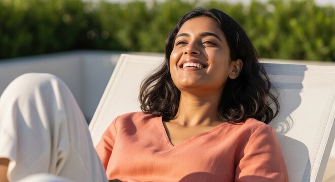 smiling young woman relaxing on a sunny day outdoors in a garden, feeling content and peaceful