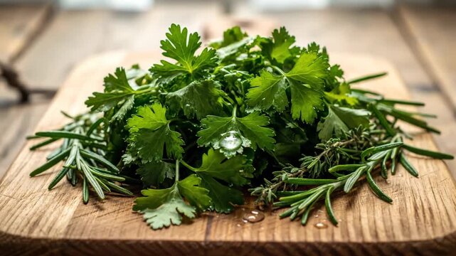 Fresh herbs parsley, rosemary and thyme. Green leaves with water droplets arranged on a wood board with nice textures